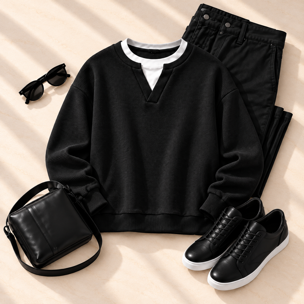 Jerséis waffle negro y blanco con cuello de camiseta