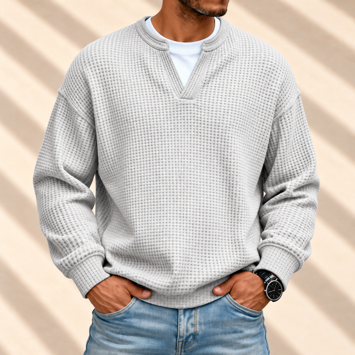 Jersey waffle blanco de hombre con cuello de camiseta