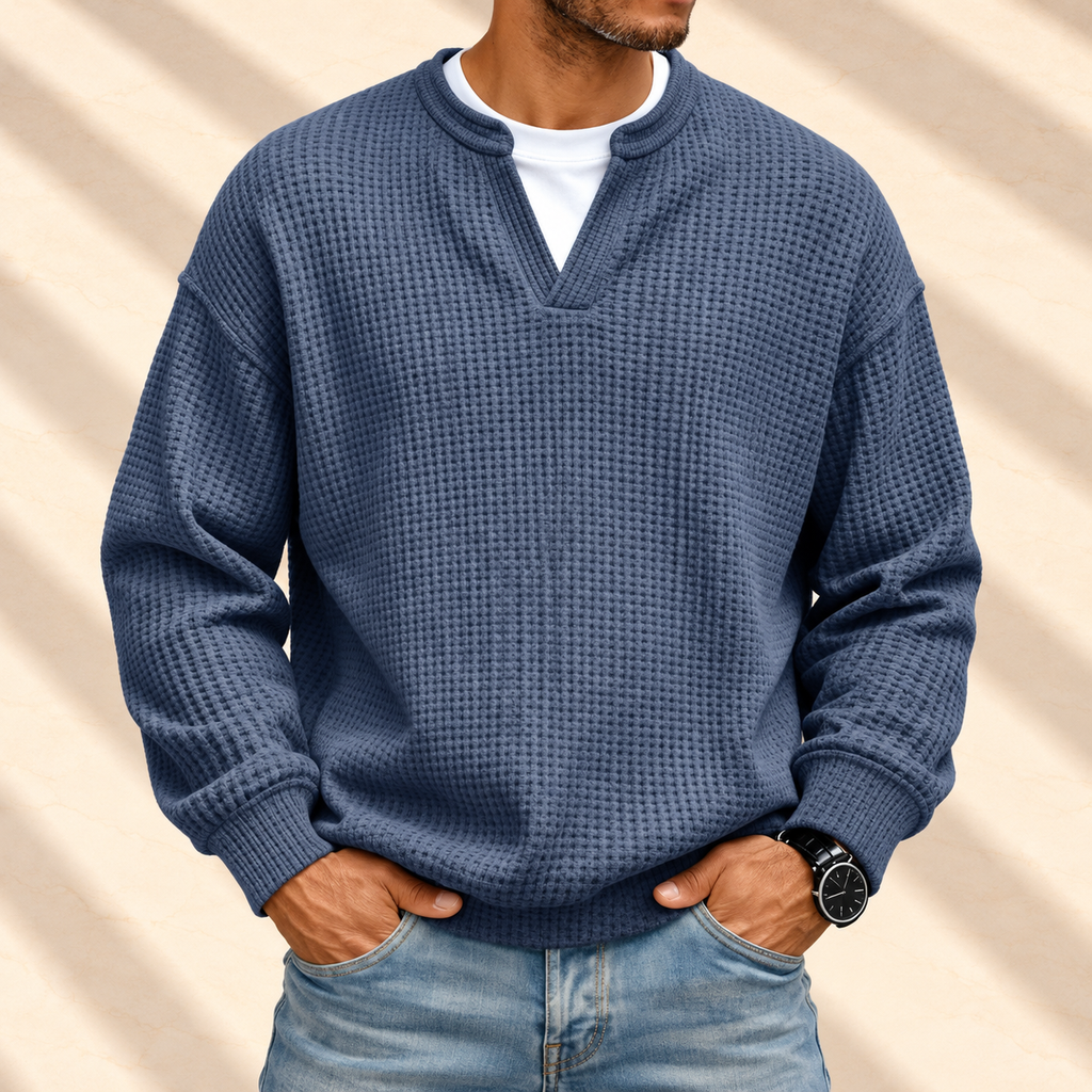 Jersey waffle azul marino de hombre con cuello de camiseta