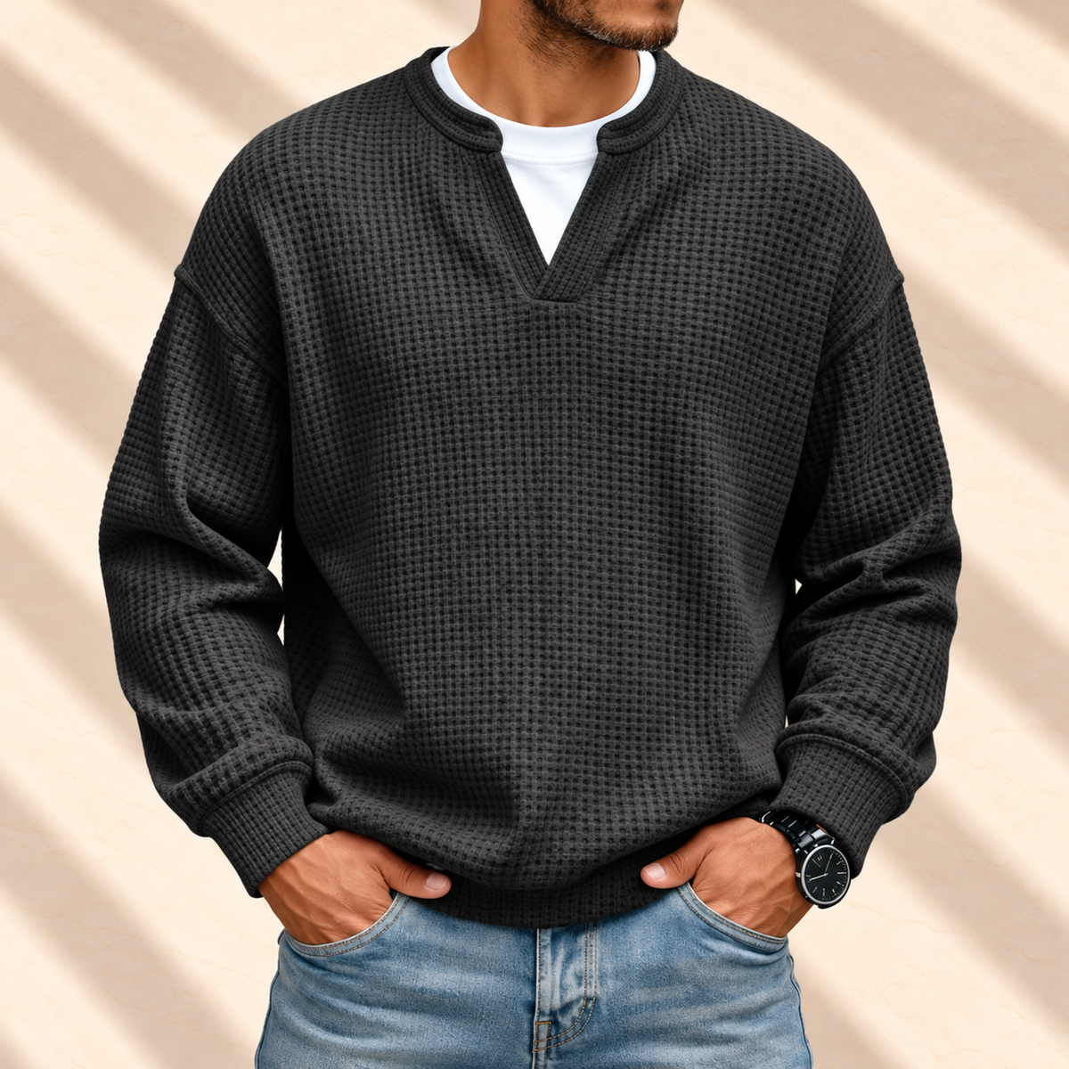 Jersey waffle negro de hombre con cuello de camiseta