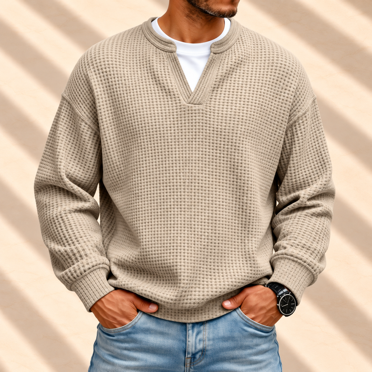 Jersey waffle caqui de hombre con cuello de camiseta
